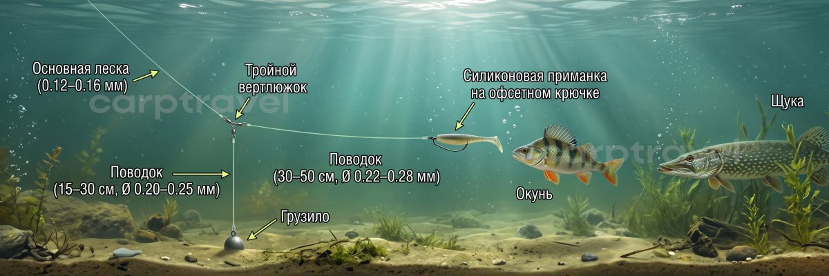 Схема отводного поводка: груз держит дно, а лёгкая приманка свободно парит в толще воды