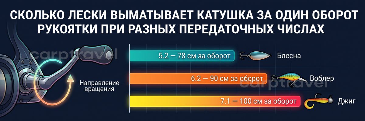 Сколько шнура выбирает катушка за оборот ручки при разном передаточном числе Сколько шнура выбирает катушка за оборот ручки при разном передаточном числе